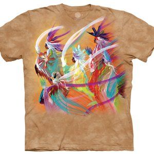 Native American Indian Rainbow Dance Spirited Feathers Chief Mountain Shirt S